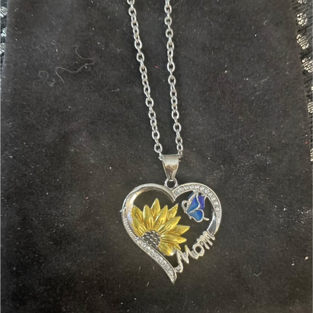 Silver Heart Necklace with Sunflower and Blue Butterfly